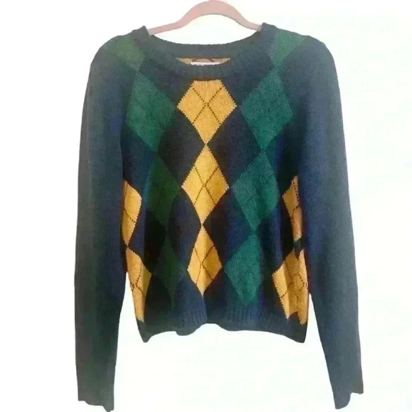 American Eagle Argyle Sweater Navy Green Yellow Cotton Blend Size Large - Picture 1 of 12